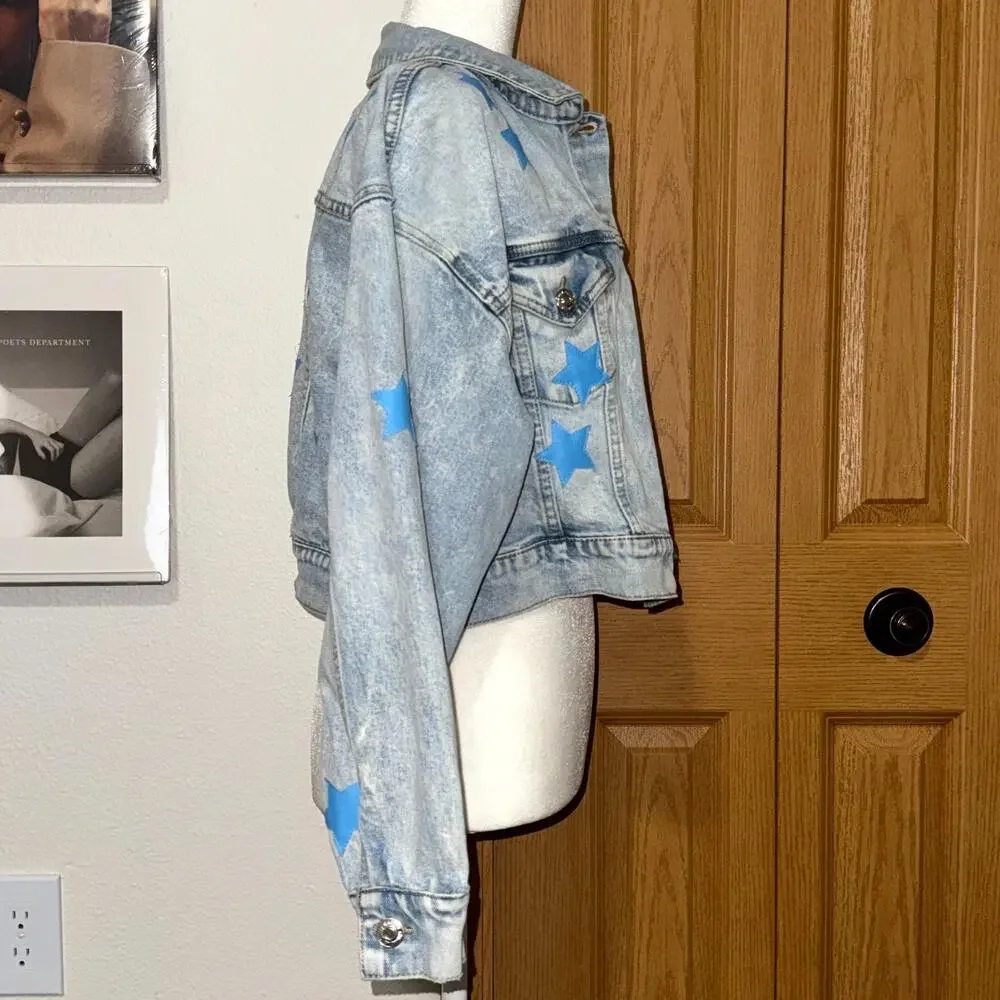 Juicy Couture Denim Jacket Girl's Large Blue Star Stretch Cropped Button Front‎